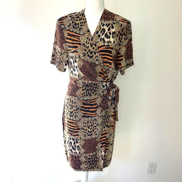 Robbie Bee Silk Dress Womens Size 10 Vintage Animal Print Faux Wrap Side Tie - Picture 14 of 15